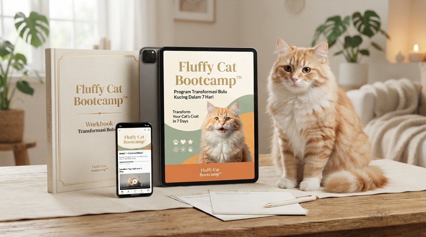 Mockup program Fluffy Cat Bootcamp lengkap dengan workbook dan tablet